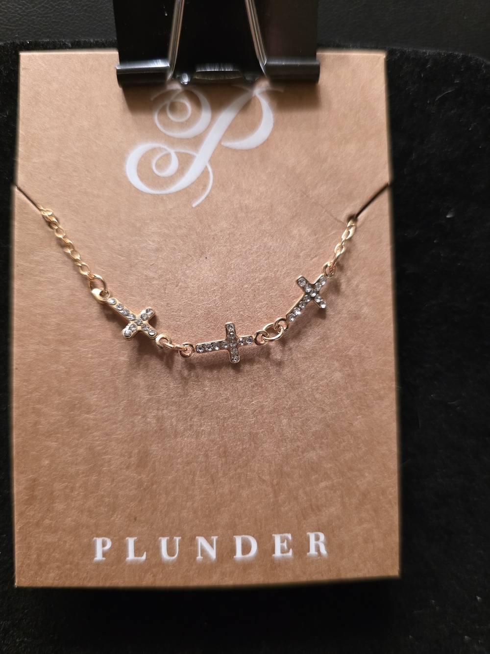 #431 Plunder Gold Tone Triple Crystal Cross Necklace